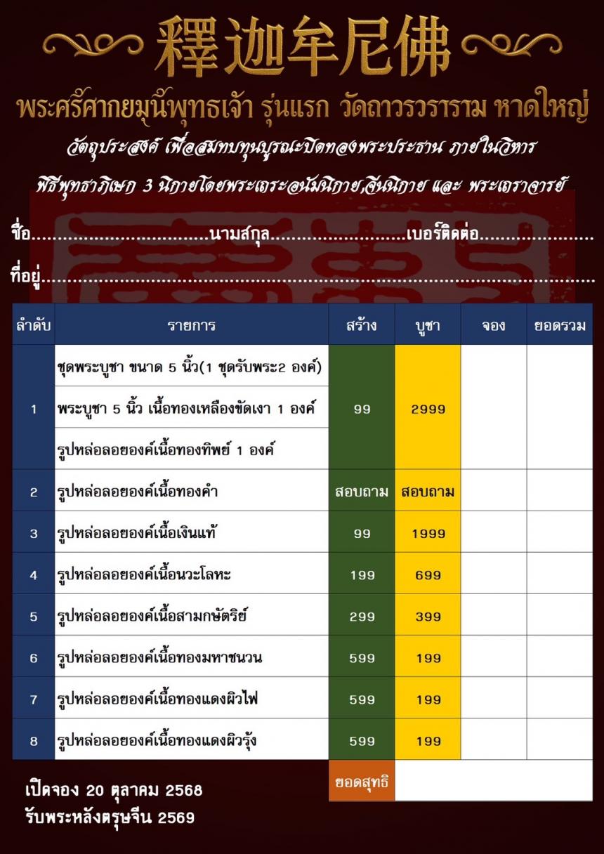 พระศรีศากยมุนีพุทธเจ้า (釋迦牟尼佛 ) รุ่นแรก วัดถาวรวราราม หาดใหญ่ เปิดจองครับ