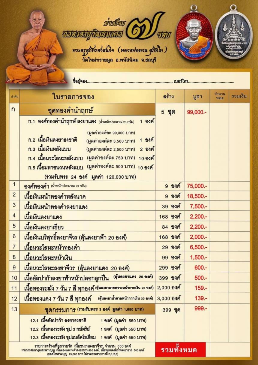 หลวงปู่ทวน วัดใหม่ทรายมูล จ.ชลบุรี เปิดสั่งจองครับ