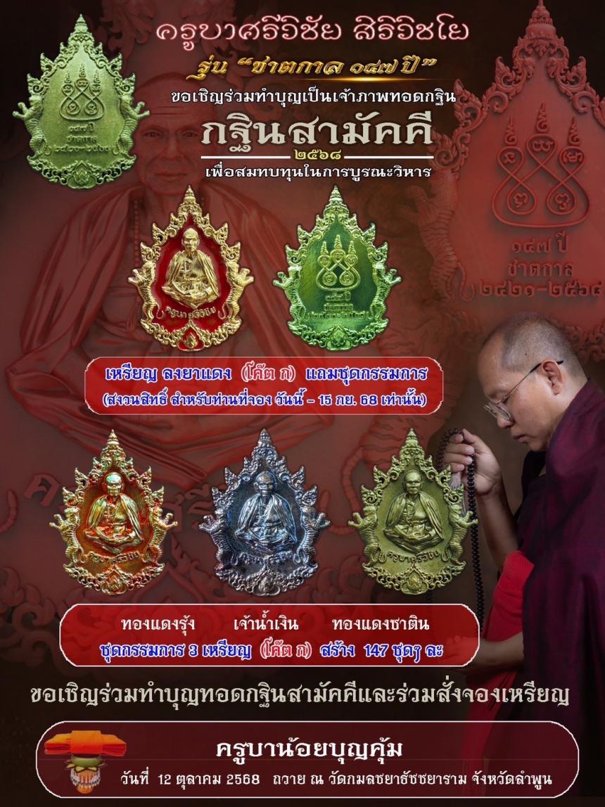 เหรียญที่ระลึกครบรอบชาตกาล 147ปี ครูบาศรีวิชัย สิริวิชโย เปิดจองครับ
