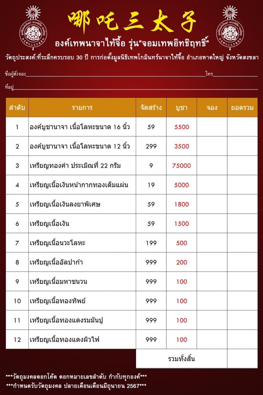 องค์นาจา จอมเทพอิทธิฤทธิ์🔥 📣ที่ระลึกวาระครบรอบ 30 ปี มูลนิธิเทพโกมินทร์ (นาจาซาไท้จื้อ)หาดใหญ่ เปิดจองครับ